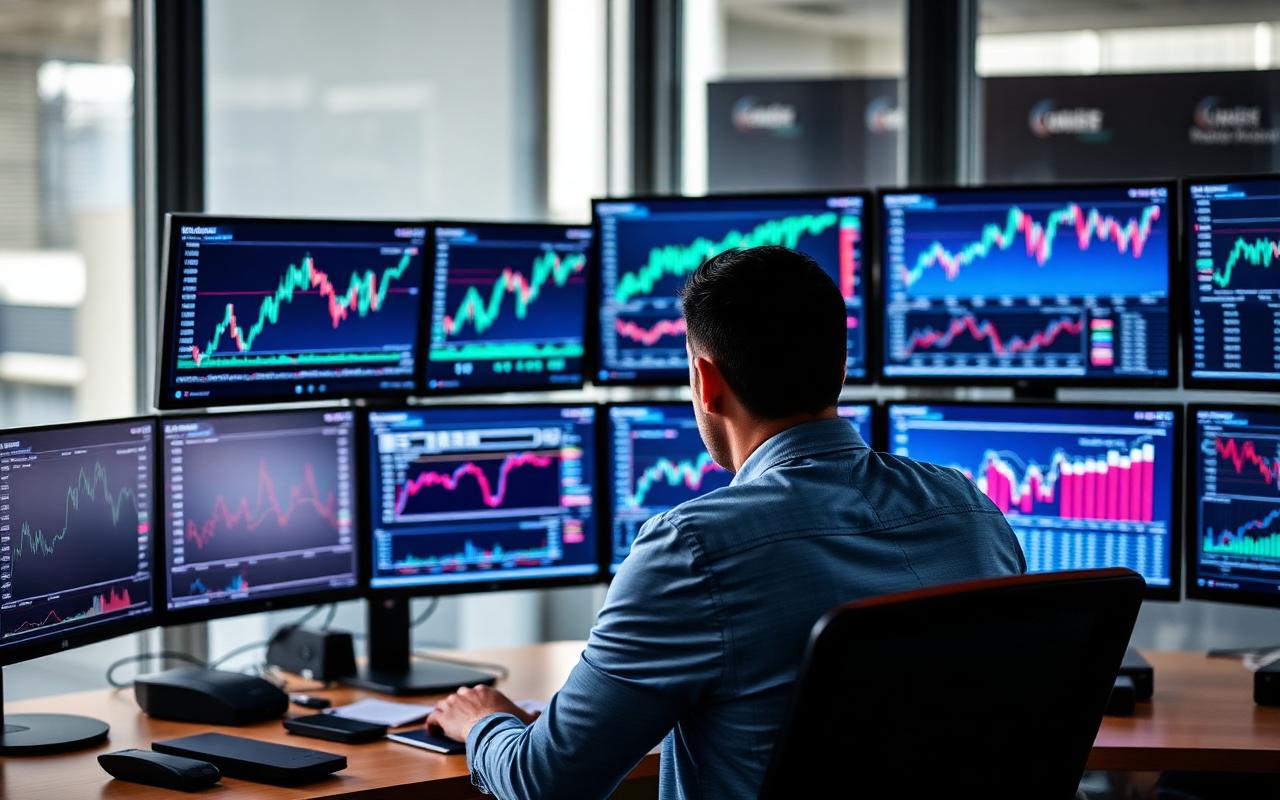 Trader profissional analisando múltiplos monitores com gráficos do mercado